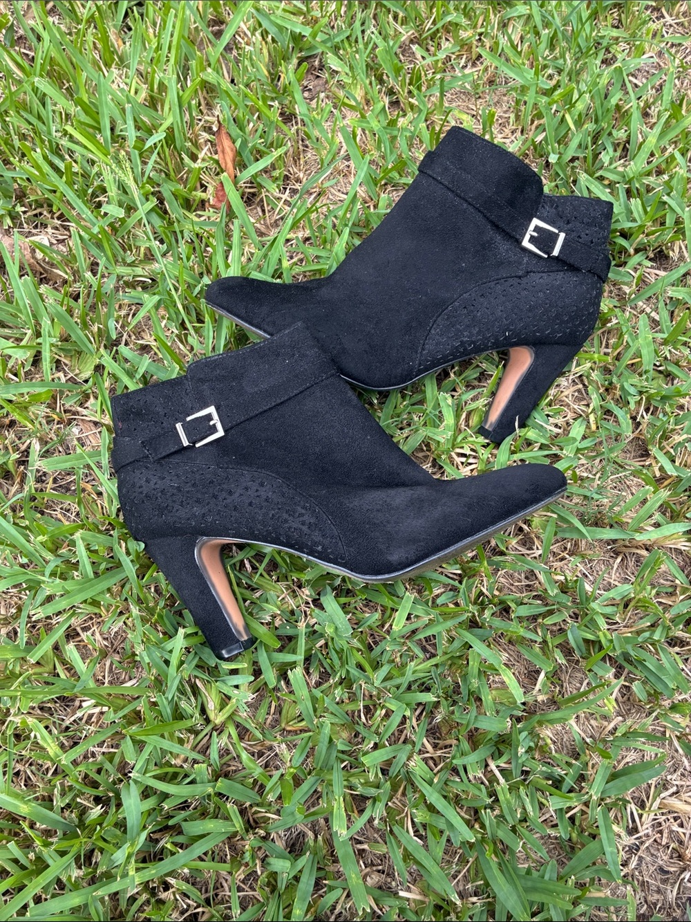 XOXO Women's Black Suede Ankle Booties with Buckle Zip Side